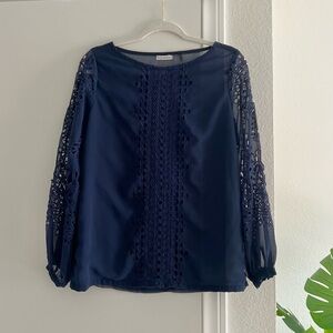 Anthropologie Blouse Kas New York Blue Eyelet Navy Sheer Delicate Long Sleeve